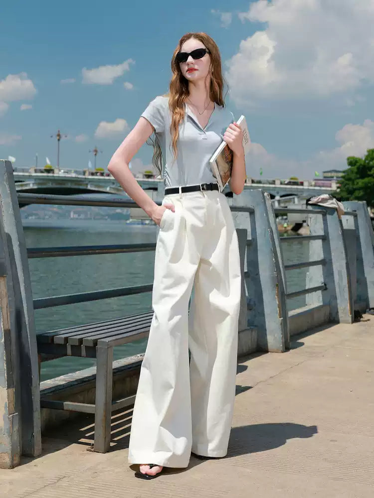 Blue Collared Fitted Short-Sleeve Top